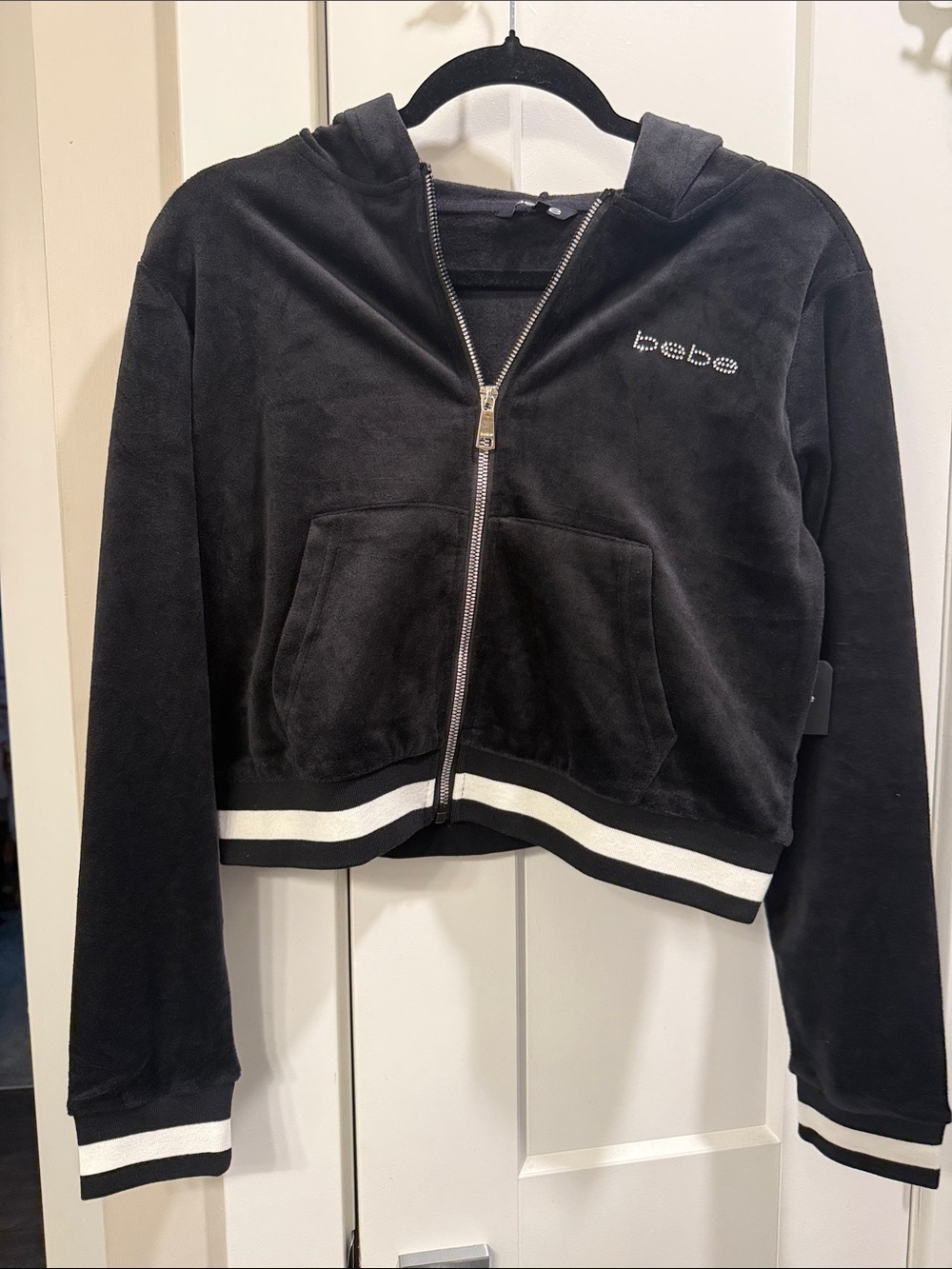 bebe Black Velour Zip-Up Hoodie with Striped Trim
